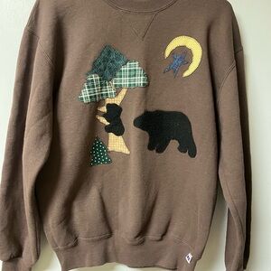 Artisan Vintage Brown Bear and Tree Hand Embroidered Appliquéd Sweatshirt